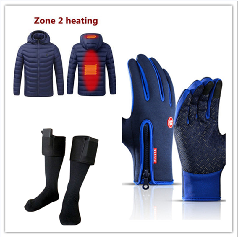 Blue riding gloves with heating panel accents and textured grip