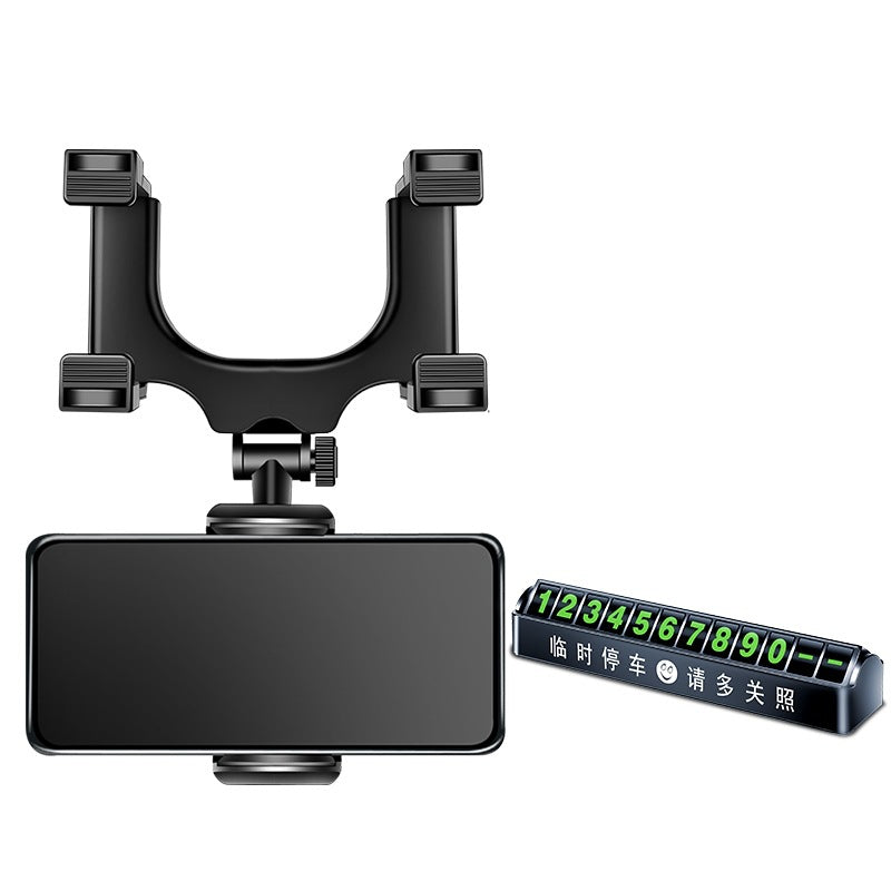 Black clip-on rearview mirror phone holder stand with four clamp pads and swivel mount