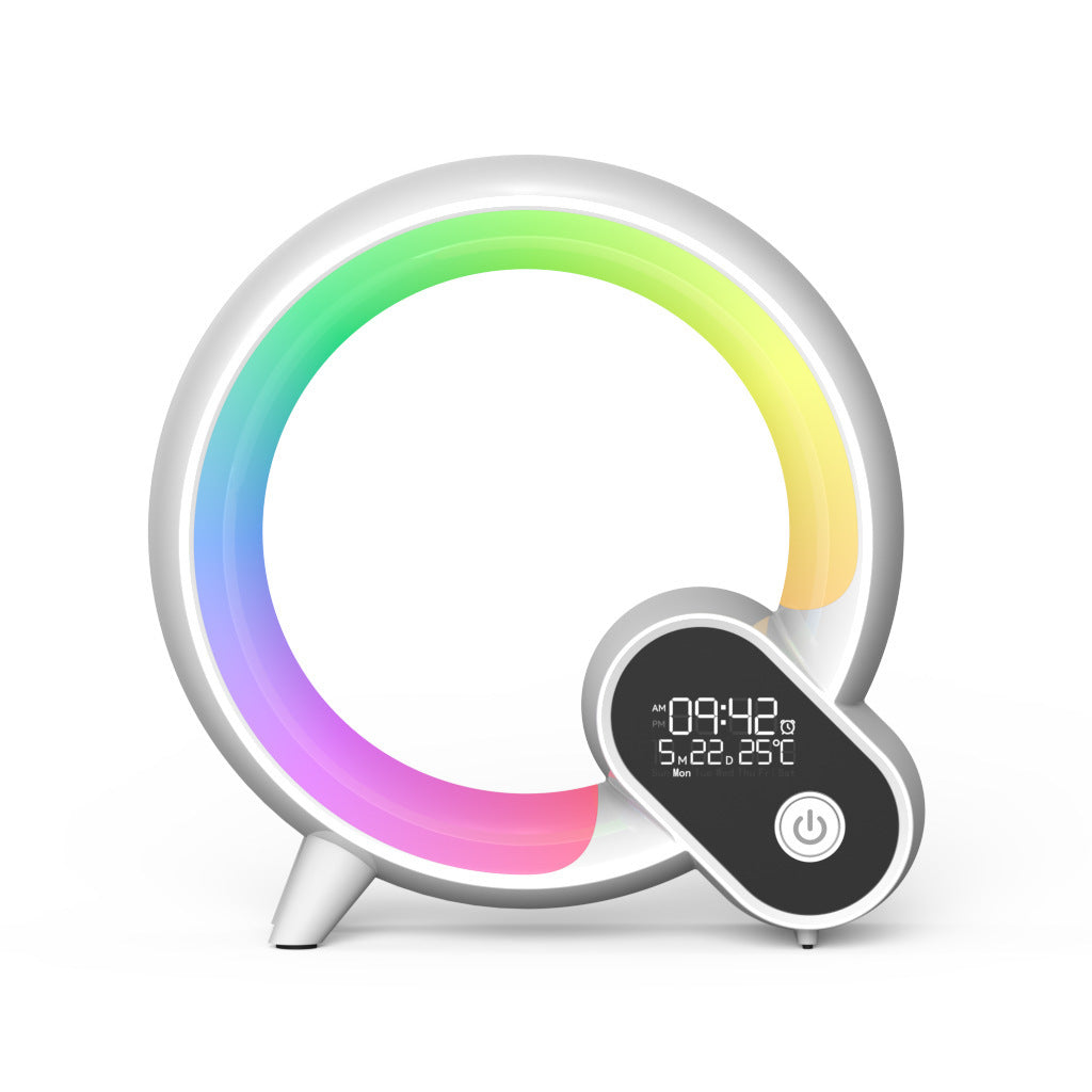 White sunrise alarm clock with RGB halo ring light and digital display with control button