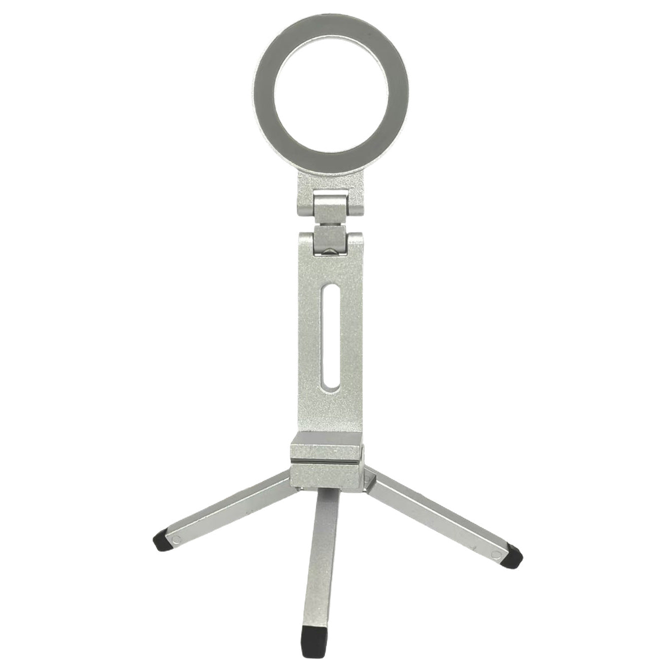 Gray magnetic phone holder clamp with circular ring and three foldable tripod legs