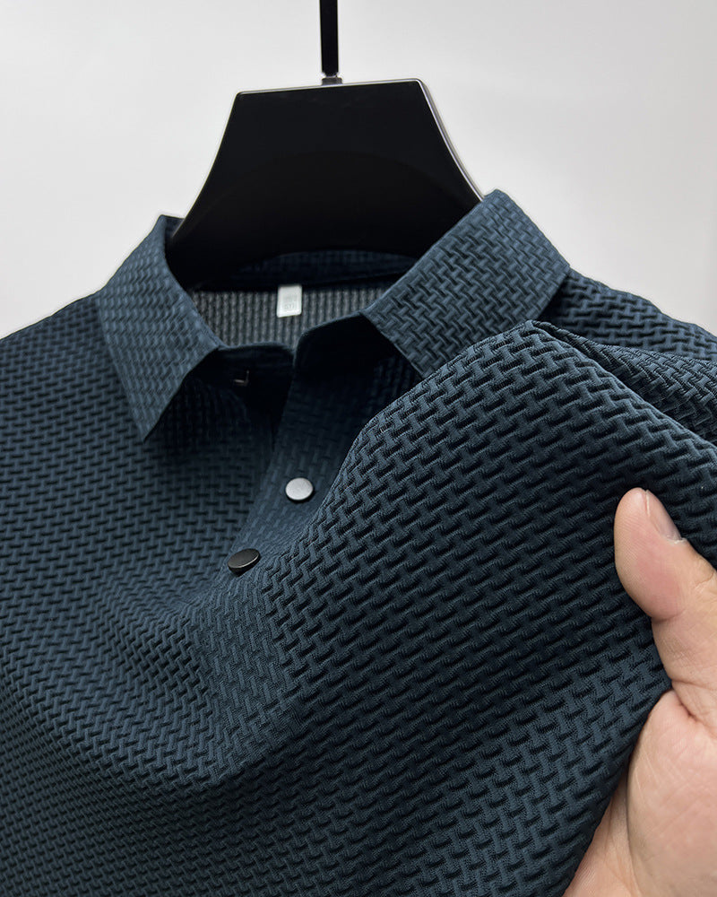 Men's textured mesh polo shirt in navy blue, short sleeves and button placket