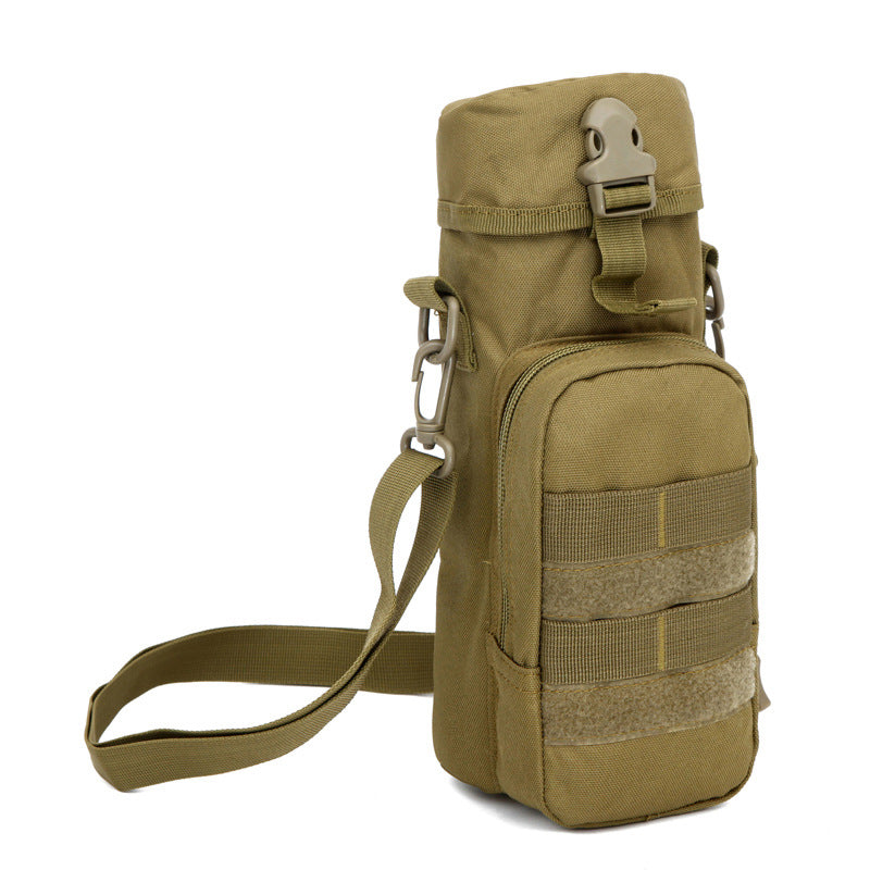 Khaki water bottle cover shoulder bag with front pocket and adjustable crossbody strap