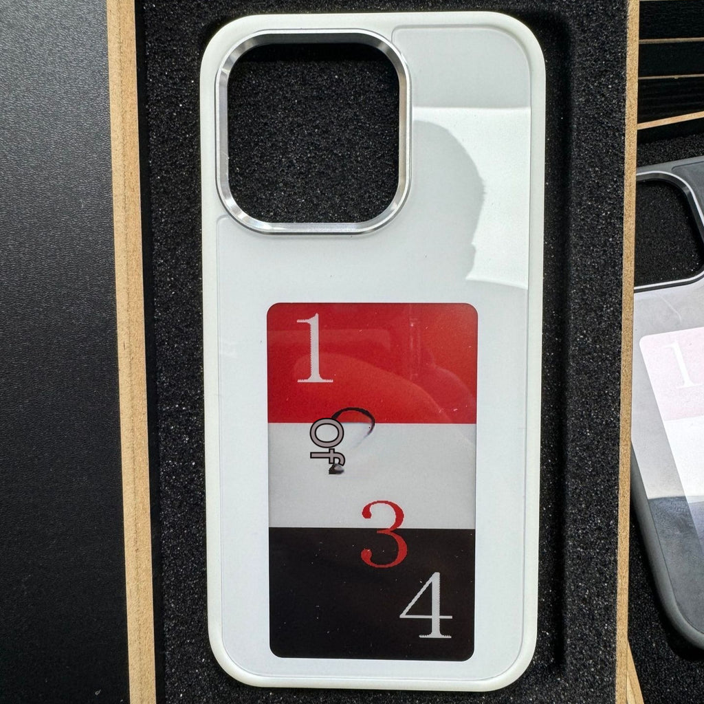 White phone case with camera cutout and numbered 1–4 display screen decal