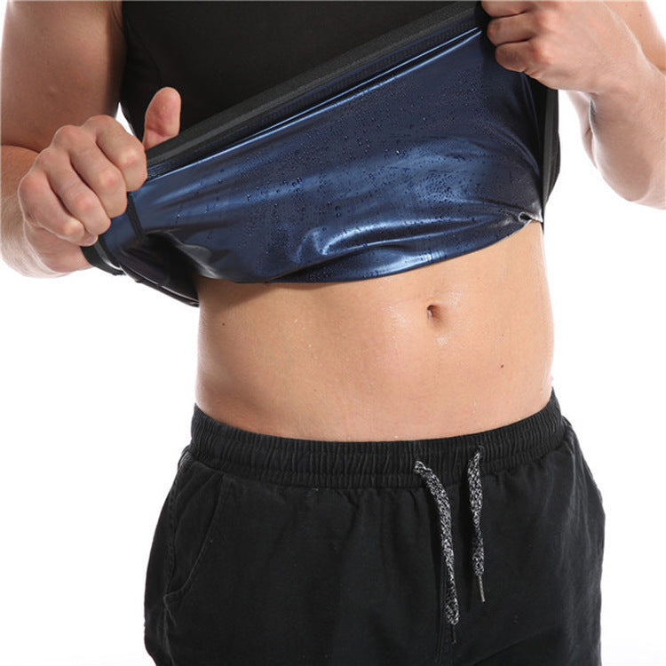 Corset-style sweat vest, blue metallic wrap front over black ribbed waist