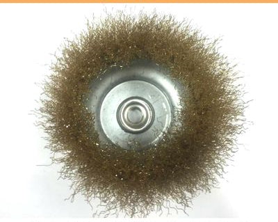 Electric drill cleaning brush head with silver hub and golden bristles