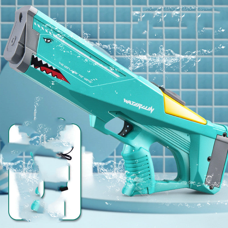 Green automatic water gun toy with gray handle, yellow nozzle, and water spray effects.