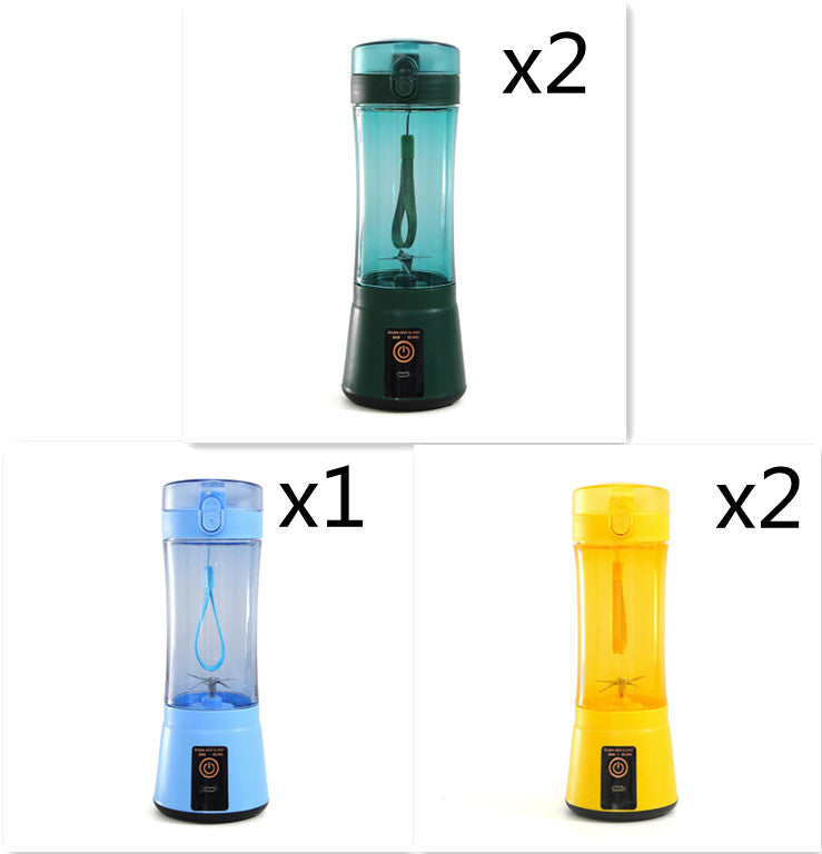 Portable electric fruit juicer mini blender set with teal, blue, and yellow containers