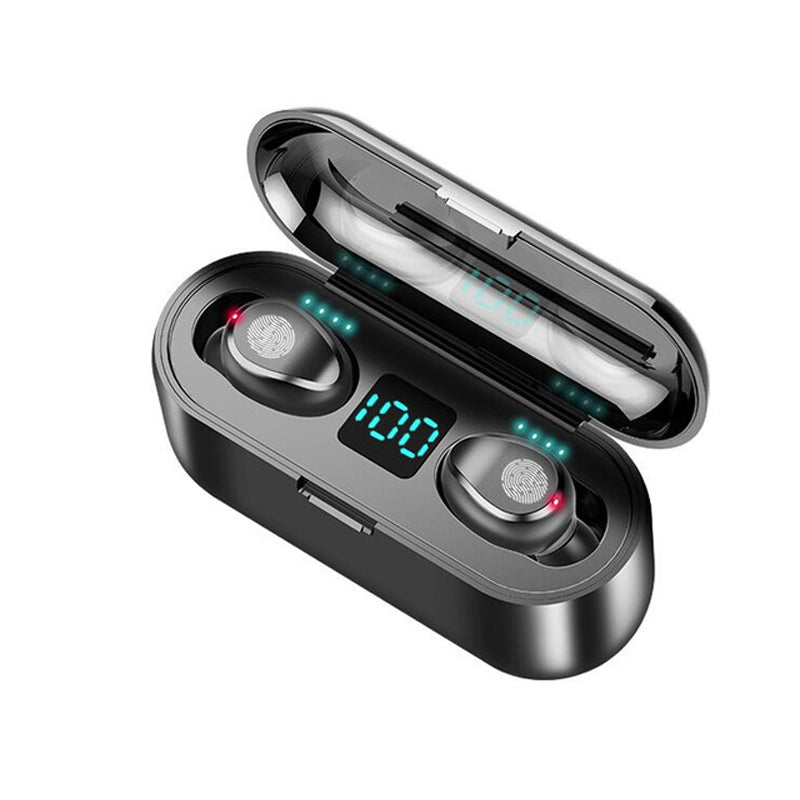 Black earbuds in open case, blue LED bar and green status lights