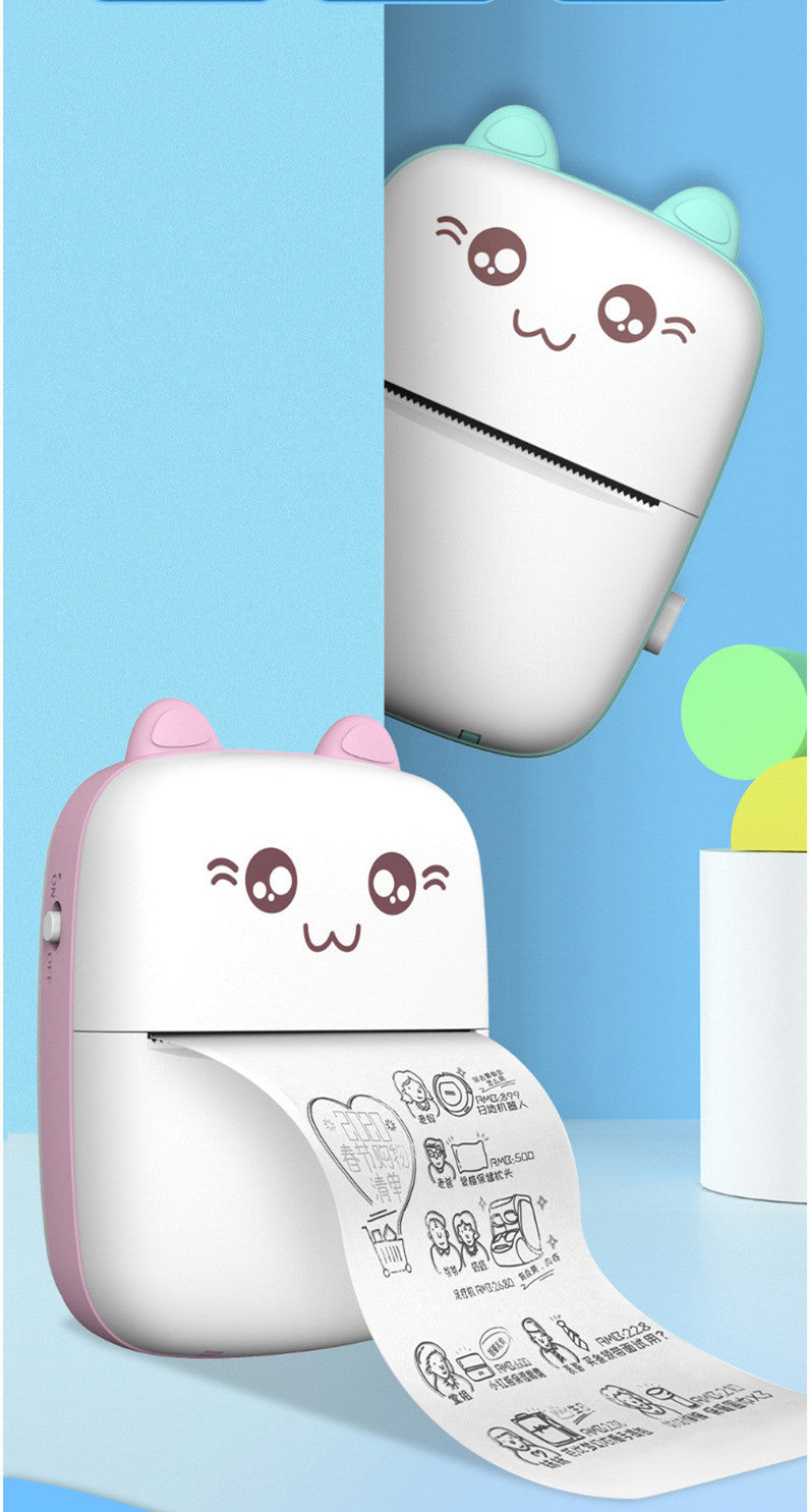 Mini label printer with cat face, pink body and white paper roll printing