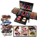 Piano-shaped makeup palette with mirror and multi-color eyeshadow pans with blush