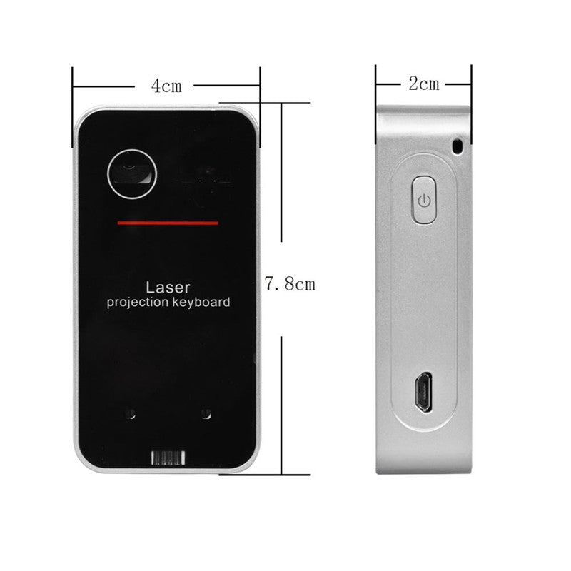 Laser projection keyboard size diagram showing front and side dimensions