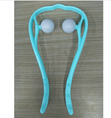 Blue neck massager with two round roller heads on a U-shaped frame