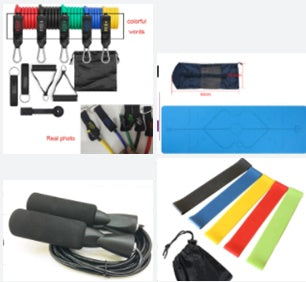 Elastic resistance band set with foam handles and multi-color loop ropes