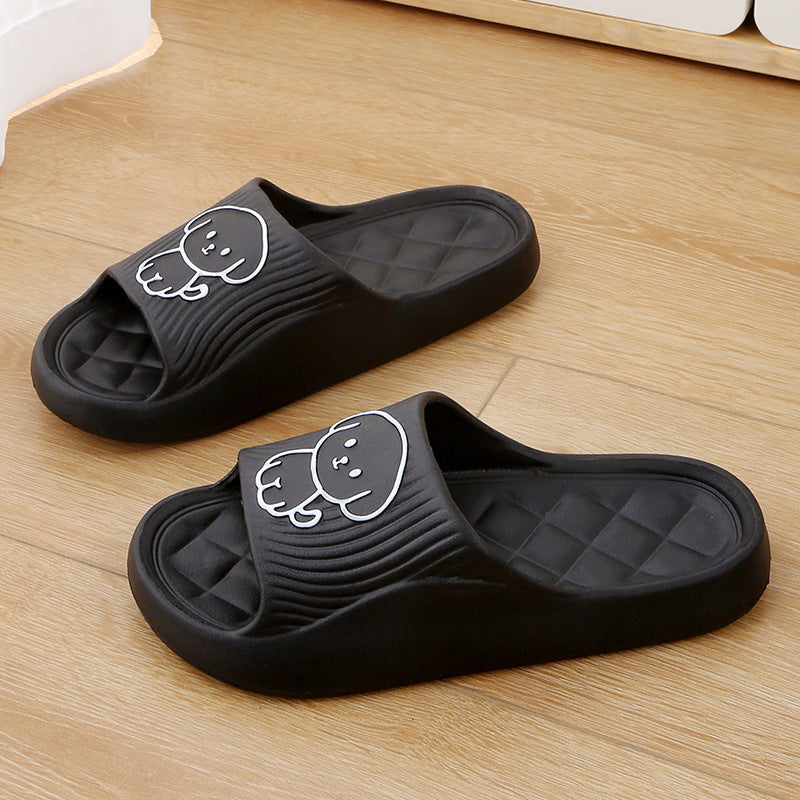 Black cartoon dog slide slippers with open toe and quilted tread pattern