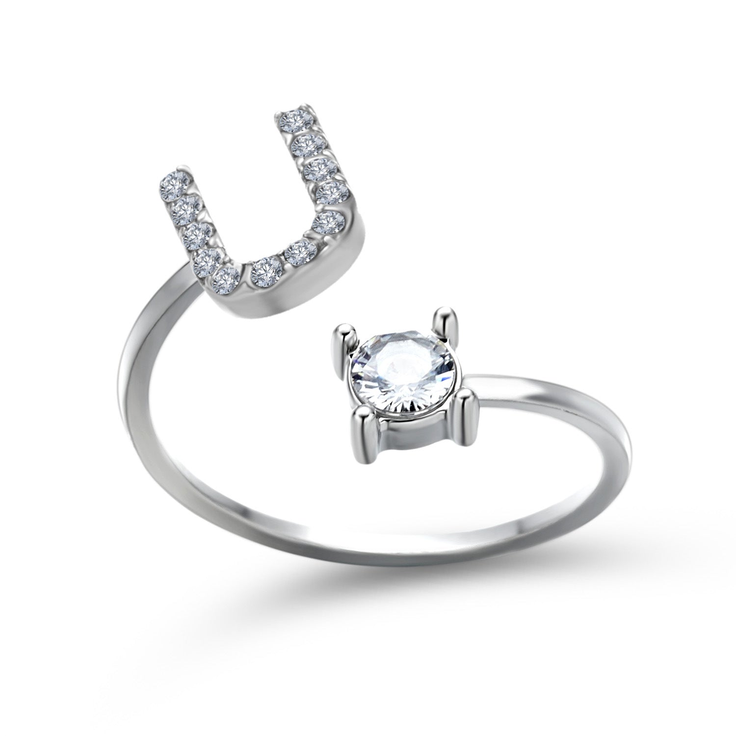 Adjustable initial letter ring with round clear stone, silver-tone pave U-shaped letter