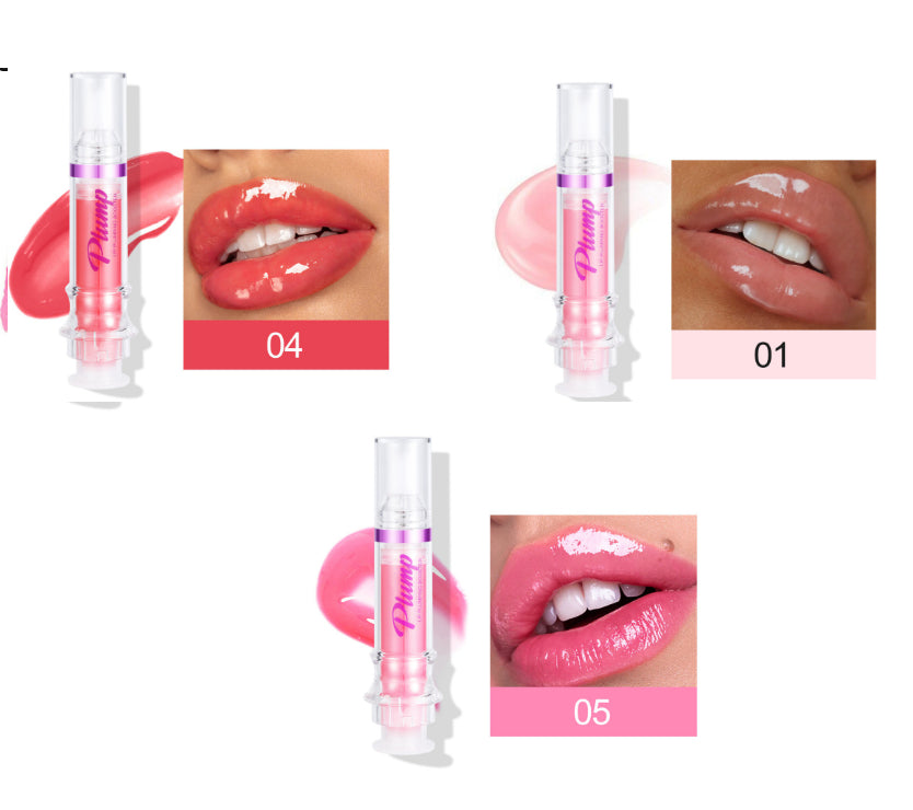 Glossy lip color tube with coral-red shade 04 and nude pink shade 01 swatches