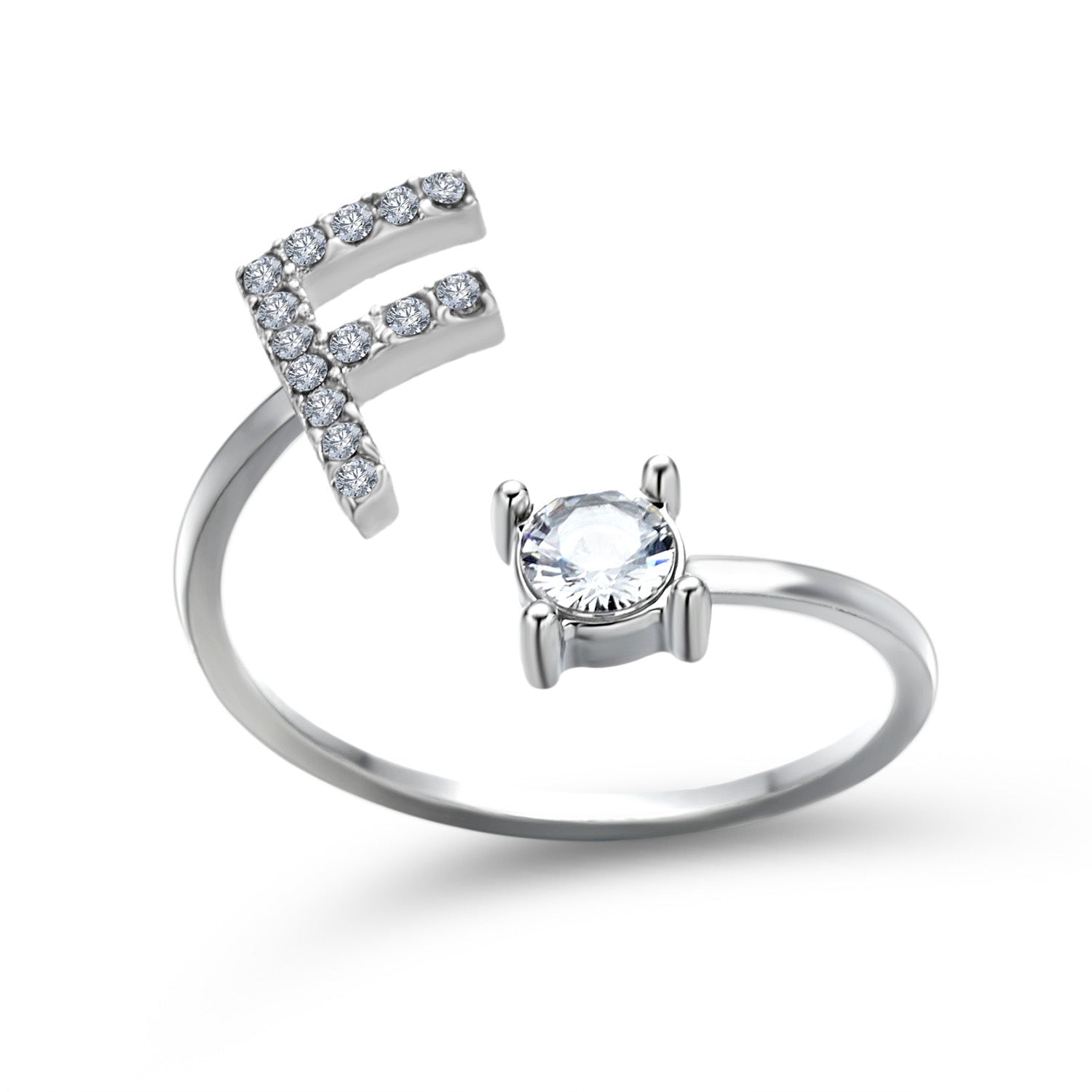Adjustable initial letter ring with rectangular pavé letter and round crystal, silver tone