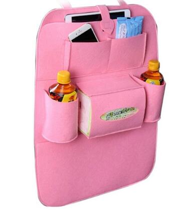 Pink multi-pocket car seat organizer bag with side pouches and front compartment