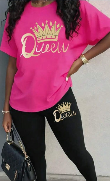 Two-piece top and leggings set: pink short-sleeve and black leggings with crown Queew print