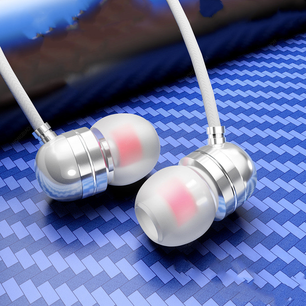Wire-controlled in-ear headphones, silver earbuds with red-tinted lights on fabric cable