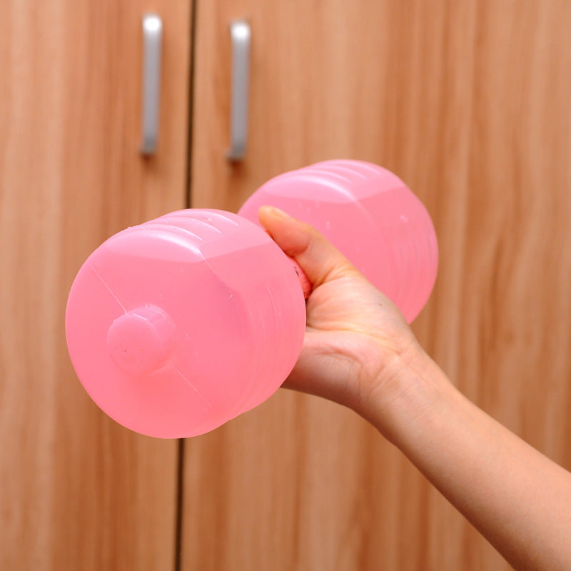 Pink water dumbbells with rounded end weights and connecting bar