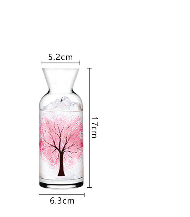 Glass water bottle with pink tree decoration, red rim, 17cm height