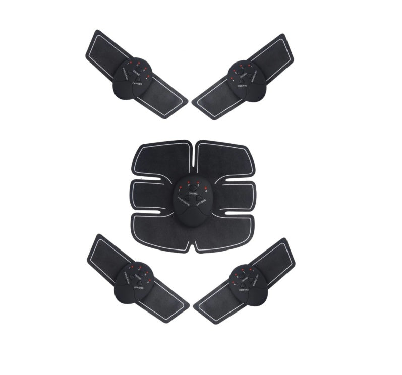 Black EMS muscle trainer electrode pad set with central controller, angled layout