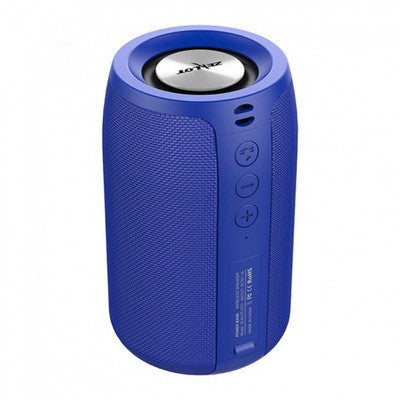 Blue wireless Bluetooth mini speaker with side control buttons and top grille