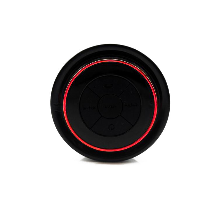 Portable Bluetooth speaker, black body with red LED ring and circular control panel