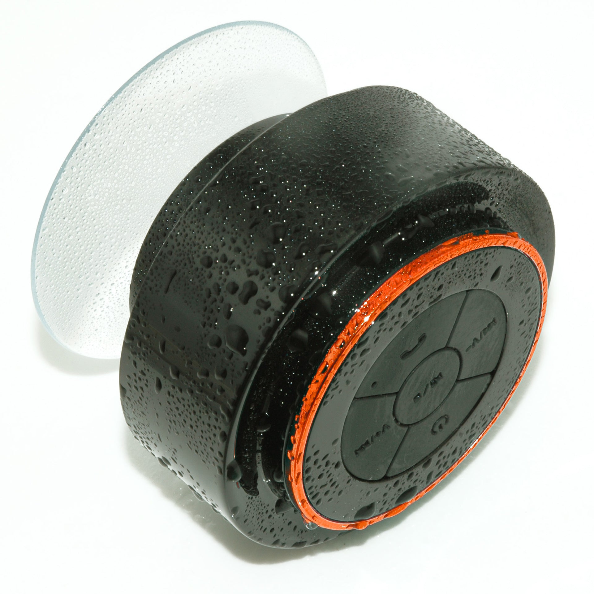 Bluetooth waterproof speaker with black body and orange LED ring, side view