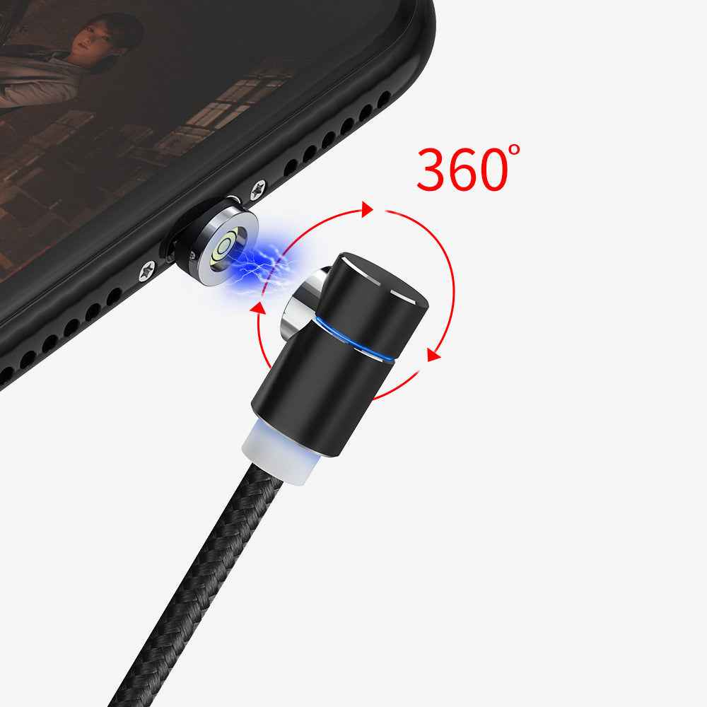 Magnetic charging cable with rotating 360° connector on a black braided cord