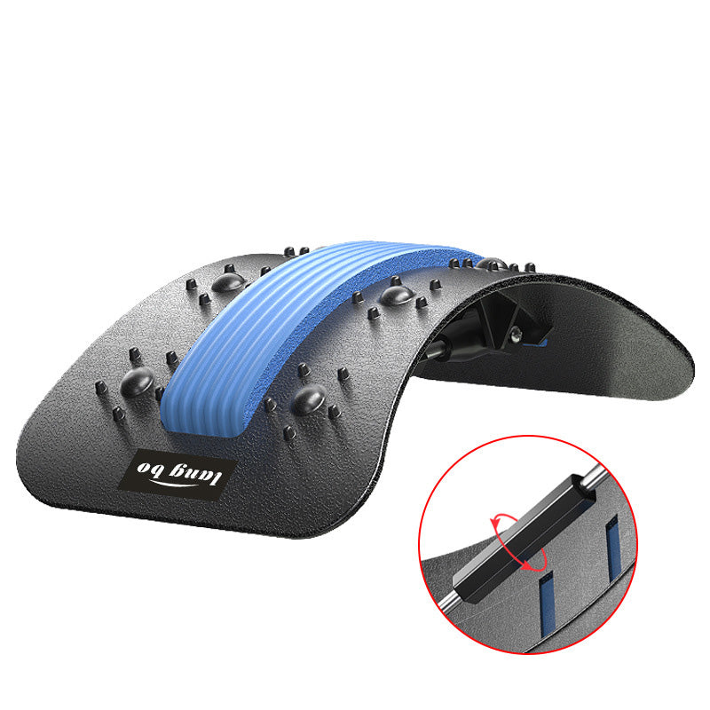 Black lumbar traction brace with light blue strap and raised dome stud details.