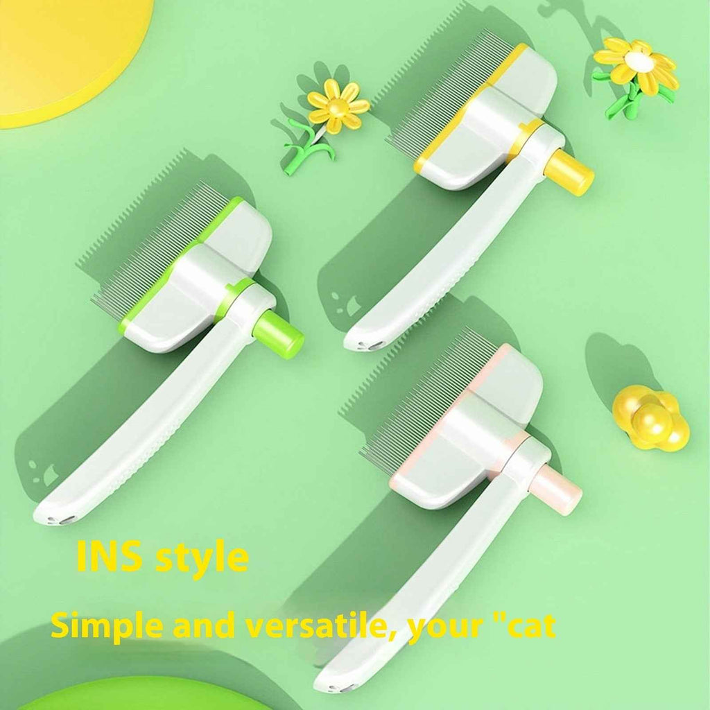 Set of pet grooming comb brushes with rotating heads, white bodies and colored pin sections