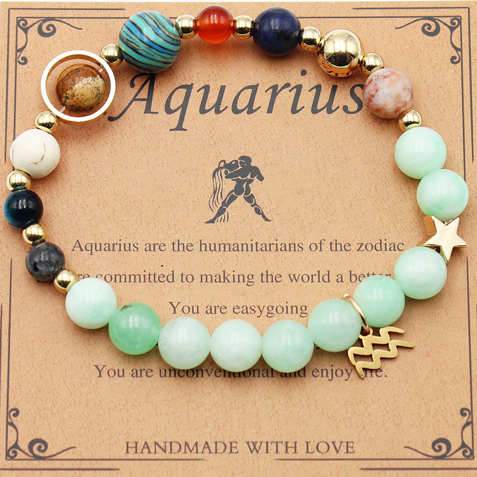Beaded zodiac bracelet with mint green beads, gold spacers, star charm and gold charm piece