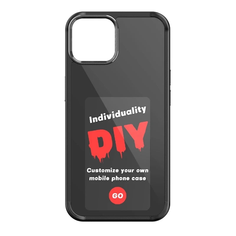 Black phone case with DIY display graphic and “Customize your own mobile phone case” text