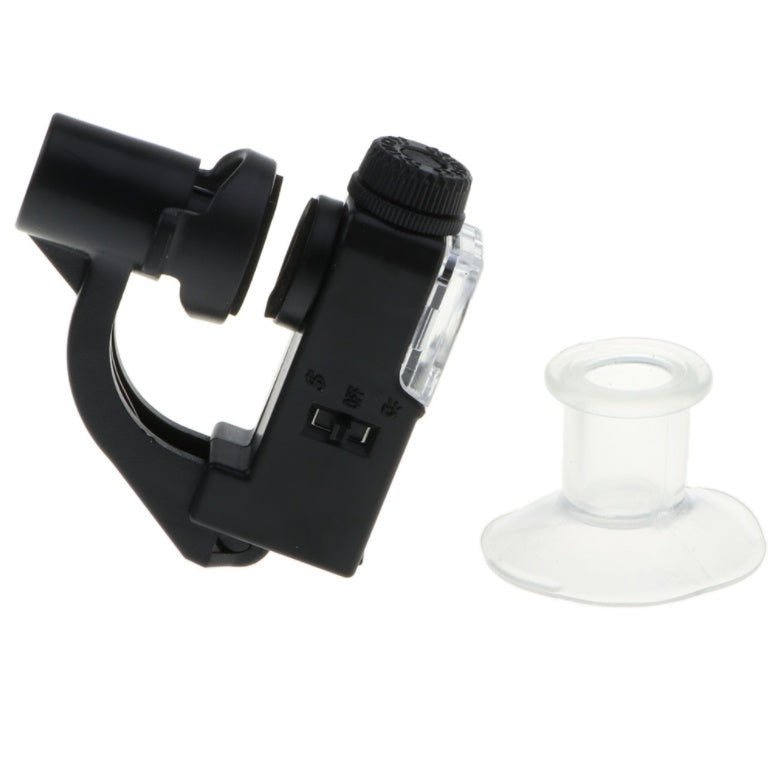 Black clip-on magnifying lens with light and a clear lens cap