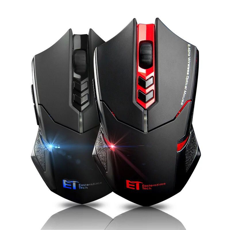 Black wireless gaming mouse with red top light bar and illuminated side emblem