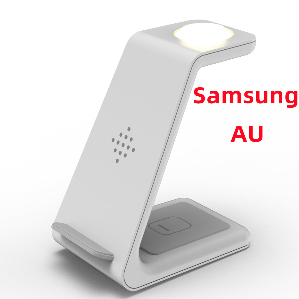 White wireless charger stand with phone cradle and illuminated top disc