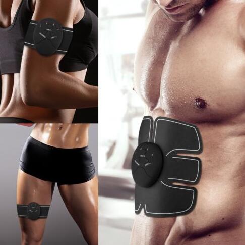 Black EMS abs muscle trainer with electrode pads and central controller on body