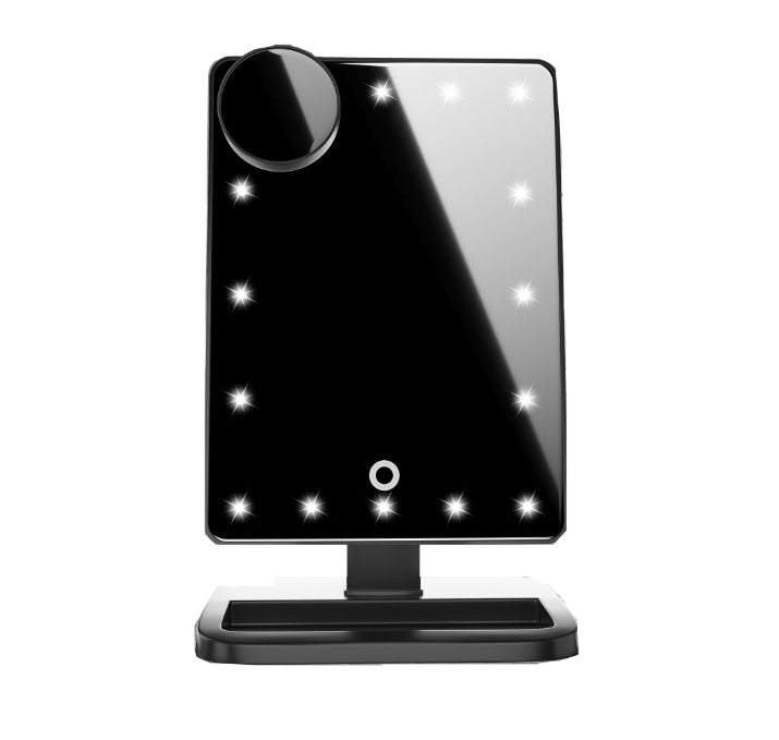 Touch-screen makeup mirror with stand, dark glass, black frame and base