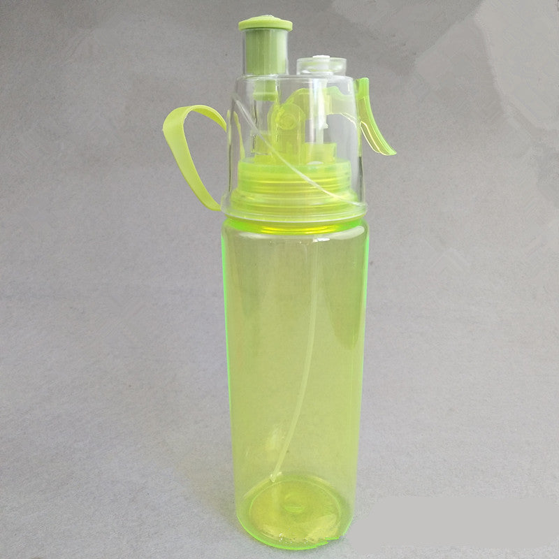 Spray water bottle with mist cup, translucent neon lime body and green lid