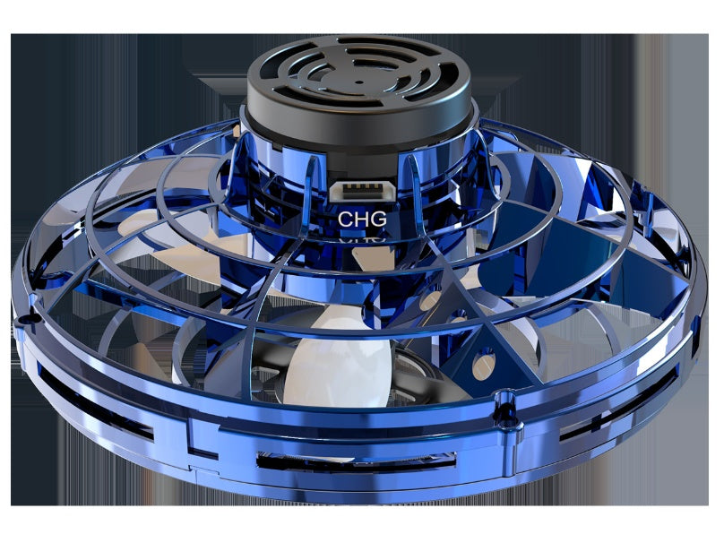 Blue UFO spinning toy drone with CHG label, metallic ring frame