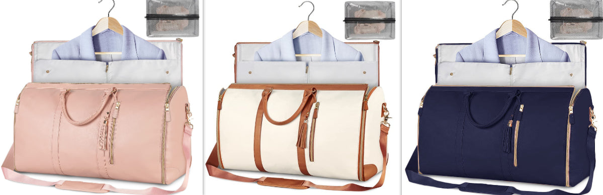 Set of travel duffle bags in pink, beige, and navy, each with hanging shirt organizer
