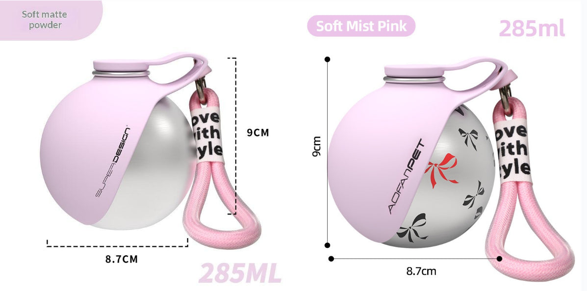 Soft mist pink stainless steel pet water bottle with handle and pink strap, two angles shown.