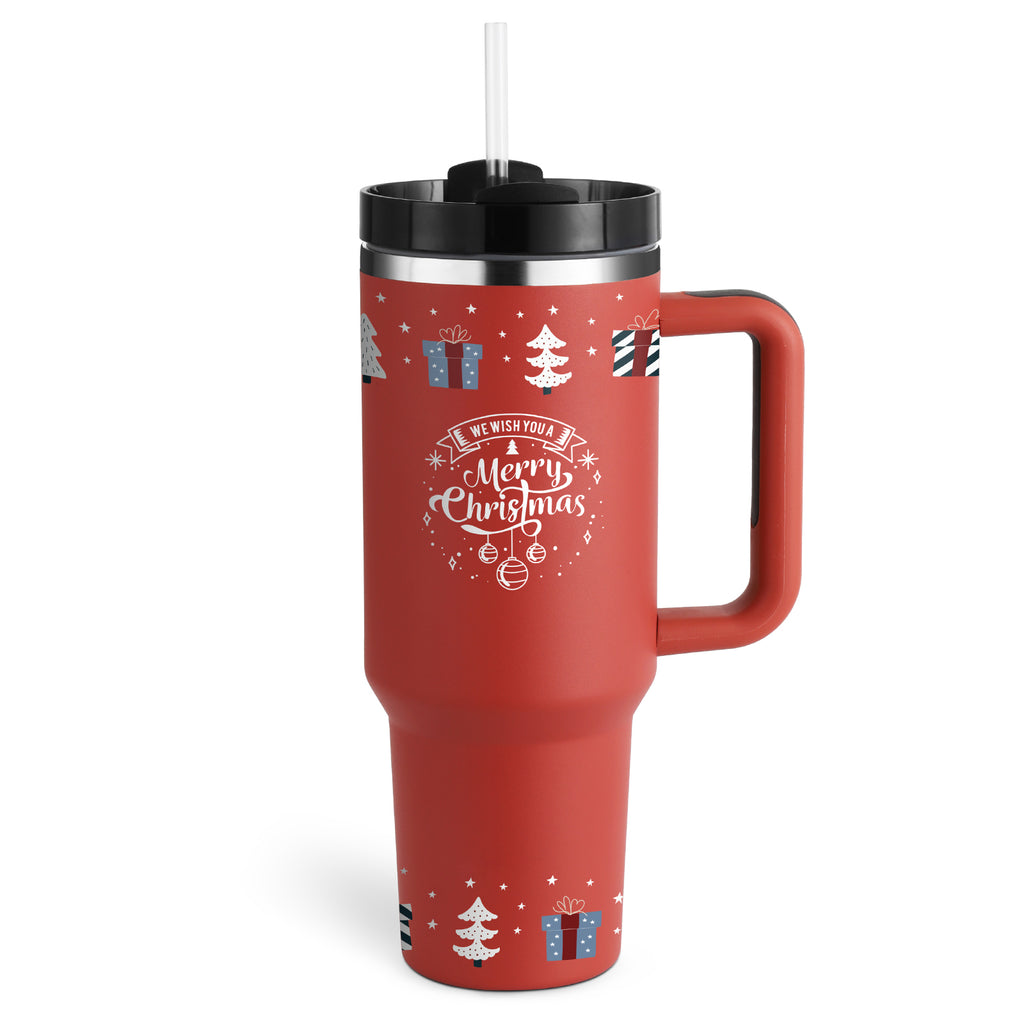 Insulated tumbler with handle, red festive print, straw and lidded top.
