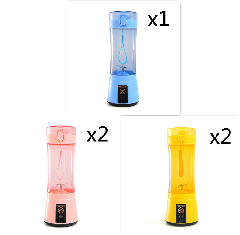 Portable mini blender set with blue, pink, and yellow clear cups and black bases