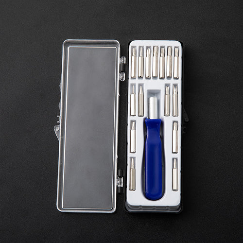 Screwdriver bit set in clear case with blue handle and multiple metal bits