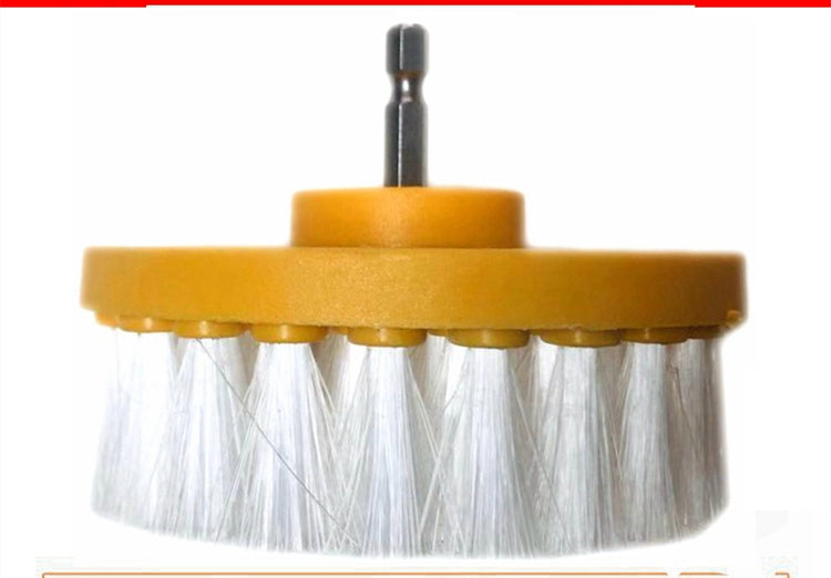 Electric drill cleaning brush head with yellow base and white bristles