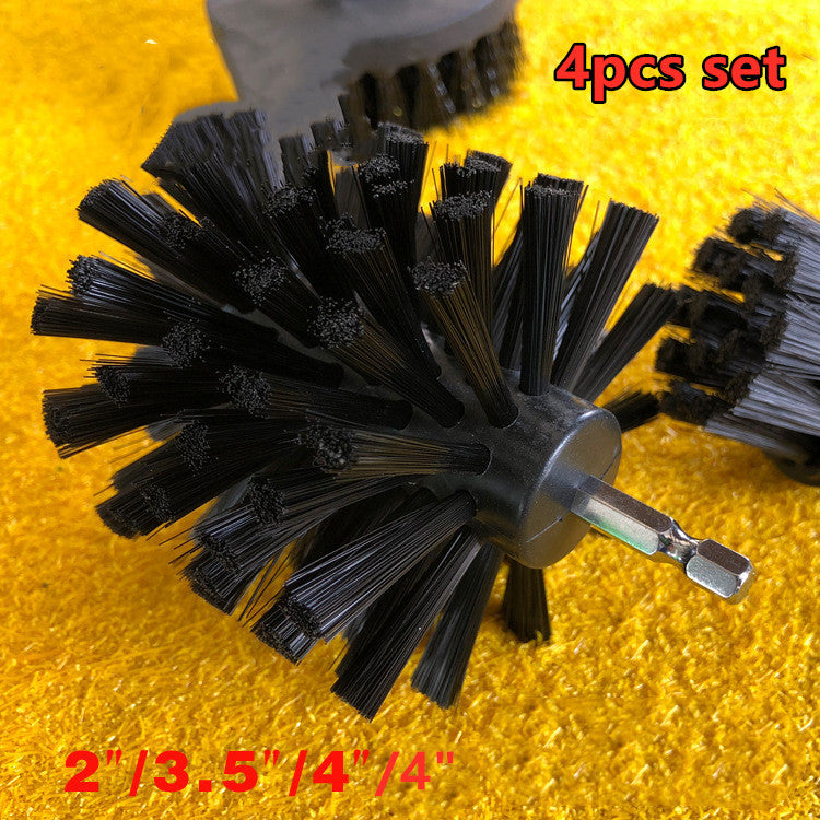 Electric drill brush set with black rotary bristle head and multiple small brushes