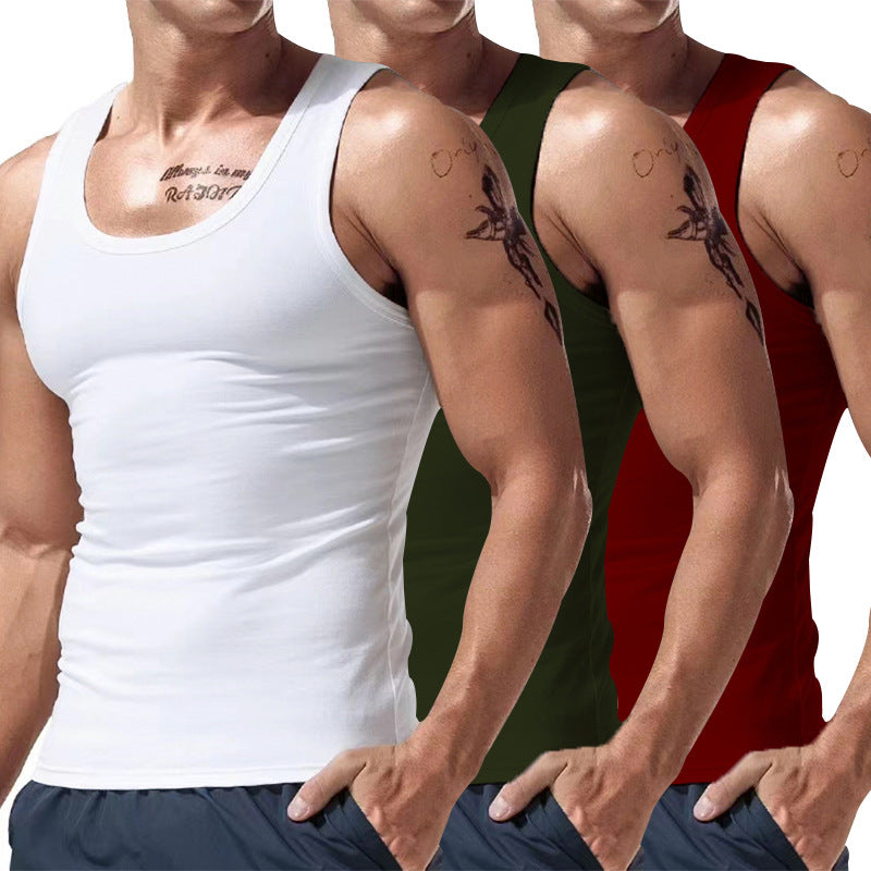 Men's three-pack sleeveless tank tops with crew neck in white, dark green, and red